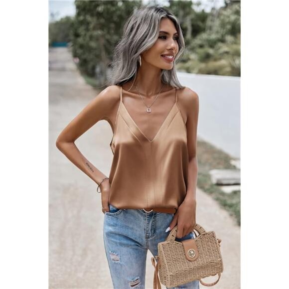 ✨ Satin V-Neck Cami Tank Top – Adjustable Spaghetti Strap Summer Blouse - Picture 2 of 5